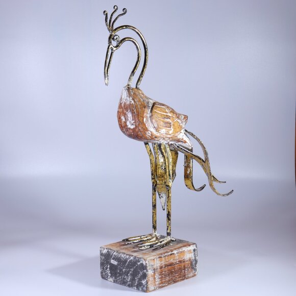 Wood & Metal Bird Peacock (?) Wood Base Figurine Decor Handmade 14" Height. - Picture 4 of 8